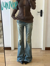 Lunivop Women Gyaru Japanese Harajuku Y2K Streetwear Low Rise Flare Denim Pants Jeans 2000S Vintage